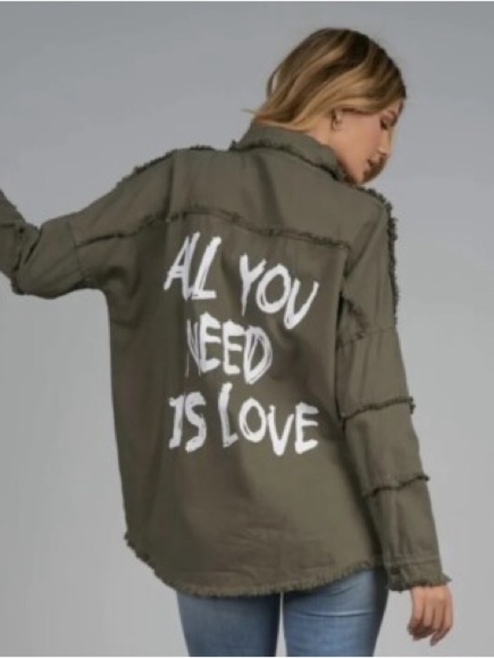Elan Olive Graphic Frayed Back Shirt Jacket